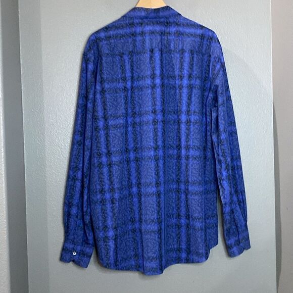 Bugatchi Uomo Dark Blue Medium Blue Plaid Paisley Print Button Down Dress Shirt - Picture 7 of 15